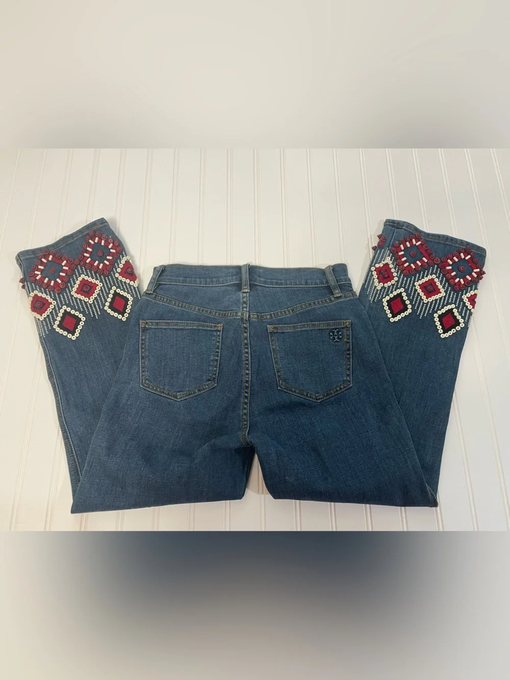 TORY BURCH blue mia red beaded embroidered jeans | SIZE 26